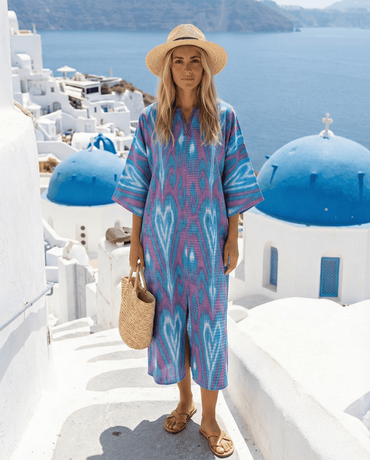 Light blue and pink cotton ikat caftan dress, lightweight one-size summer caftan, handcrafted and comfortable.
