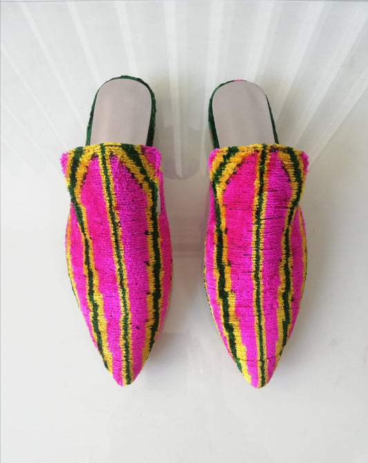 Silk Velvet Ikat Slippers Pink Green