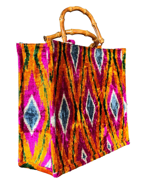Amber Fuchsia Diamond Ikat Velvet Large Bamboo Tote Bag