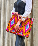 Amber Fuchsia Diamond Ikat Velvet Large Bamboo Tote Bag with model