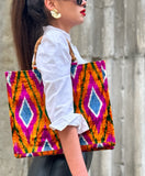 Silk Ikat Velvet Large Bamboo Tote Bag shoulder with beatiful model