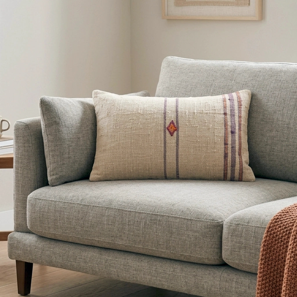 Antique Grain Sack Lumbar Pillow | Lavender Stripe & Handwoven Detail 40 x 60 cm