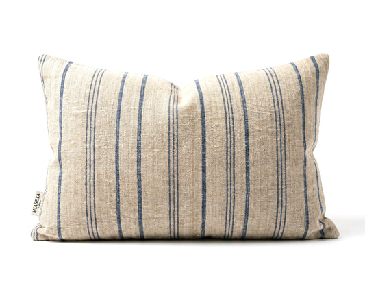 19th century antique linen pillow with rustic grain sack texture and stripe detailing