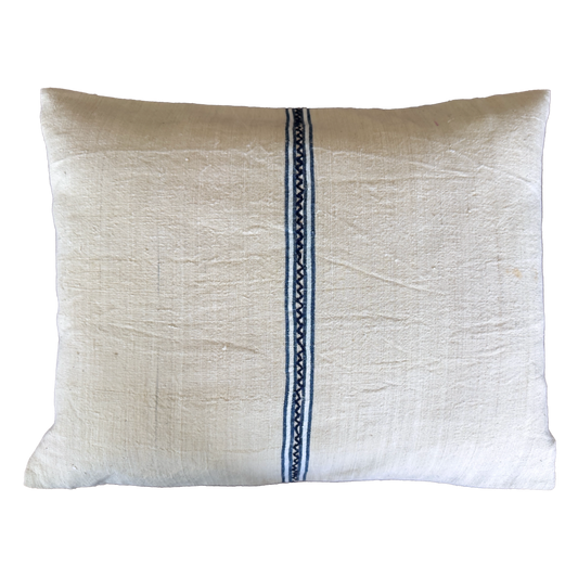 Handmade Antique Linen Pillow Cover with Blue Woven Stripe Detail