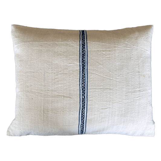 Handmade Antique Linen Pillow Cover with Blue Woven Stripe Detail
