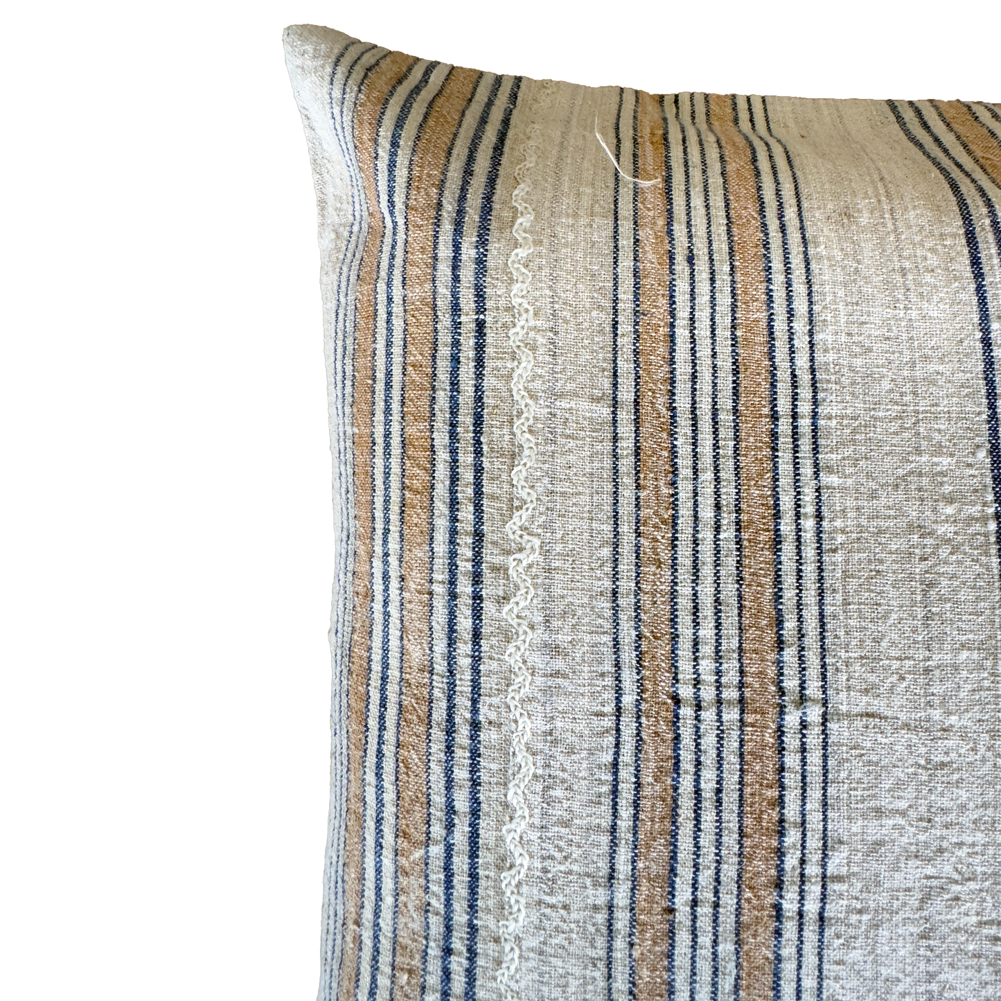 Antique Handwoven Linen Pillow Cover with Blue and Beige Heritage Stripes