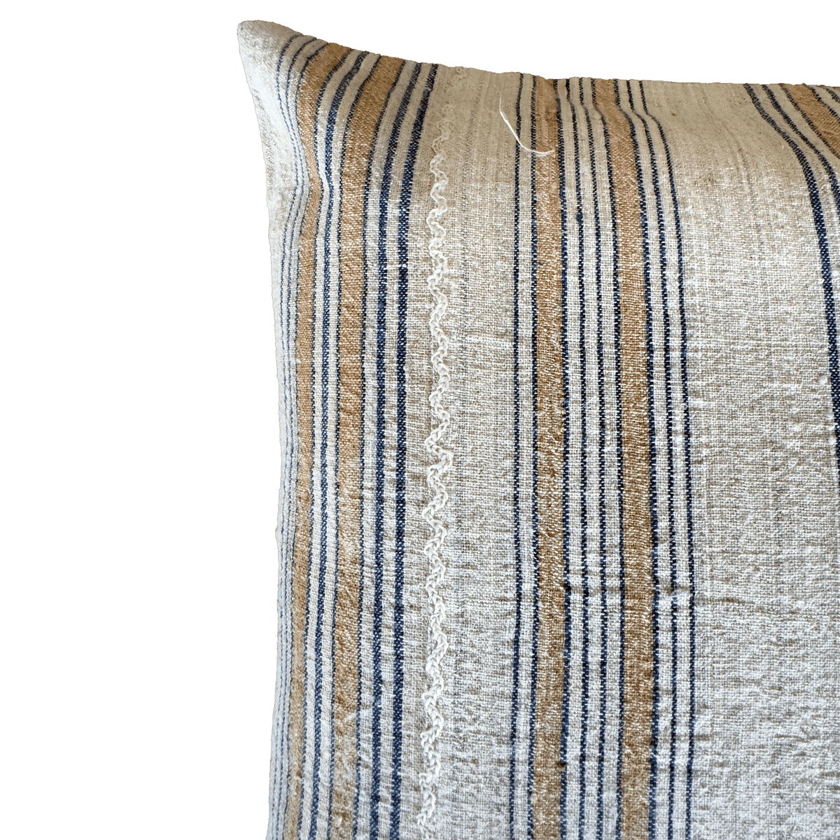 Antique Handwoven Linen Pillow Cover with Blue and Beige Heritage Stripes