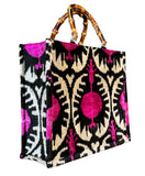 Bamboo Handled Pomegranate Pattern Ikat Velvet Large Tote Bag