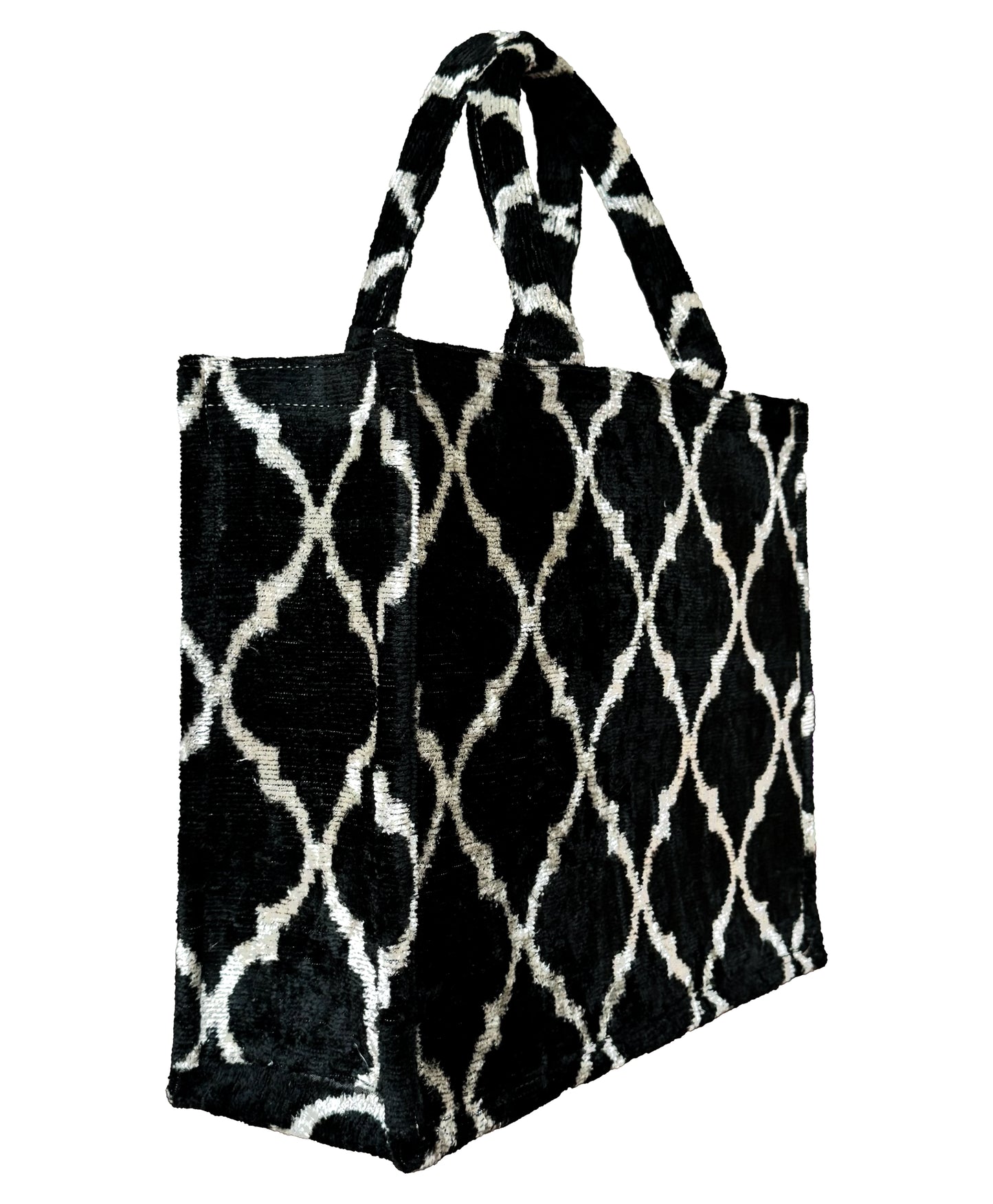 Bolso tote grande de terciopelo ikat marroquí en blanco y negro