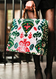 Colorful Ikat Velvet Bamboo Handle Large Tote Bag
