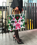 Colorful Ikat Velvet Original Bamboo Handle Large Tote Bag