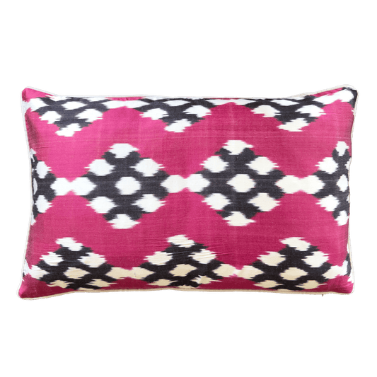 Double-sided silk ikat and antique handwoven linen pillow cover in burgundy tones, handmade in Istanbul, Turkey.