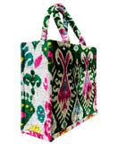 Green and Pink Floral Ikat Velvet Large Tote Bag