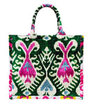 Green and Pink Floral Velvet Ikat Tote Bag