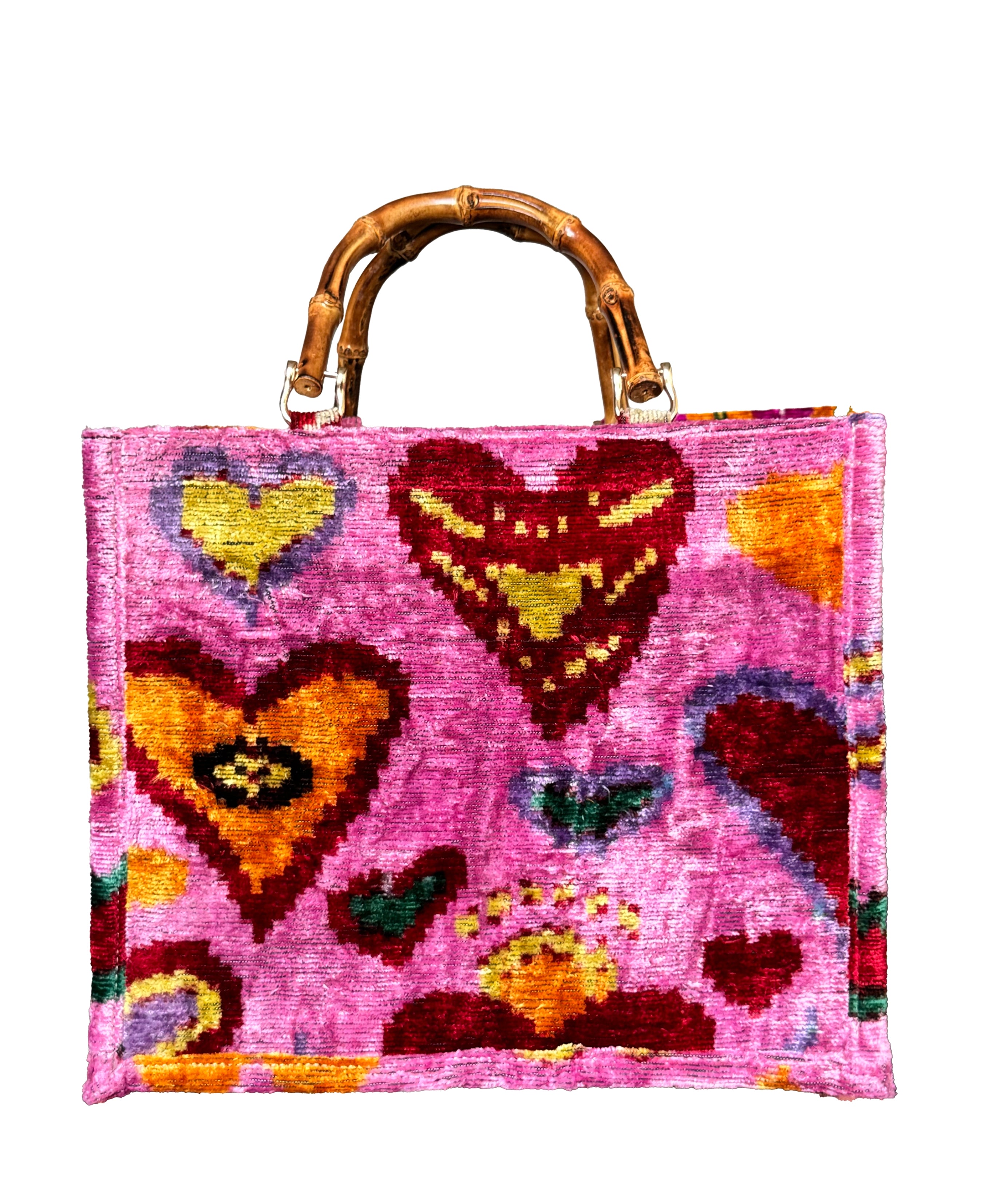 Heartburst Pink Velvet Ikat Tote Bag with Bamboo Handles - Medium