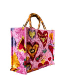 Heartburst Pink Velvet Ikat Tote Bag with Bamboo Handles - Medium Size