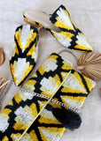 Silk velvet ikat handmade sharp pointed toes yellow black slippers and silk ikat velvet clutch