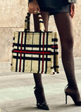 Beige Checkered ikat velvet Large Tote Bag