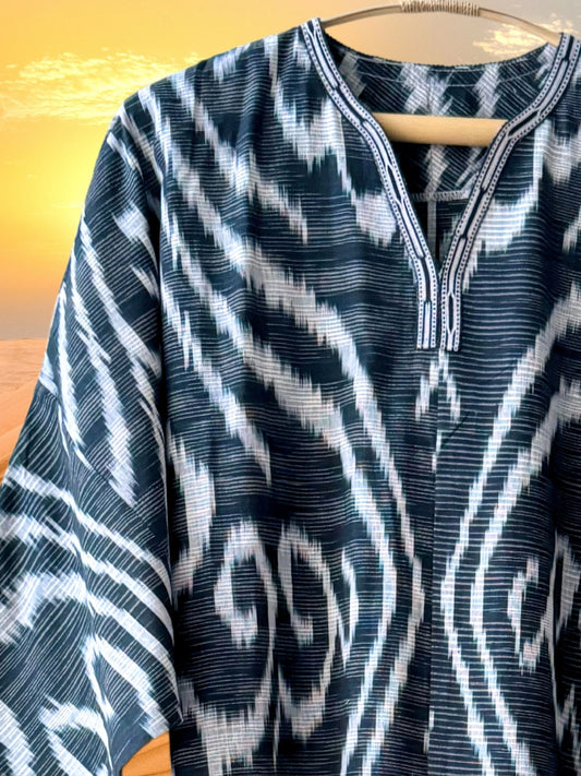 Cotton Ikat Caftan Dress Black and White