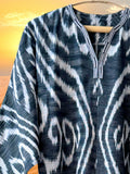 Cotton Ikat Caftan Dress Black and White