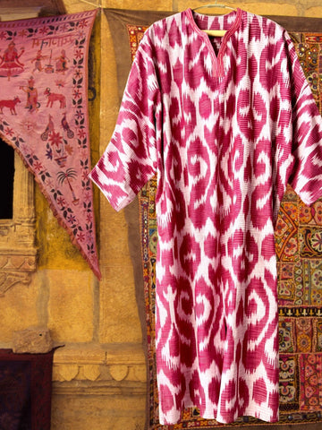 Cotton Ikat Caftan Dress Red and White