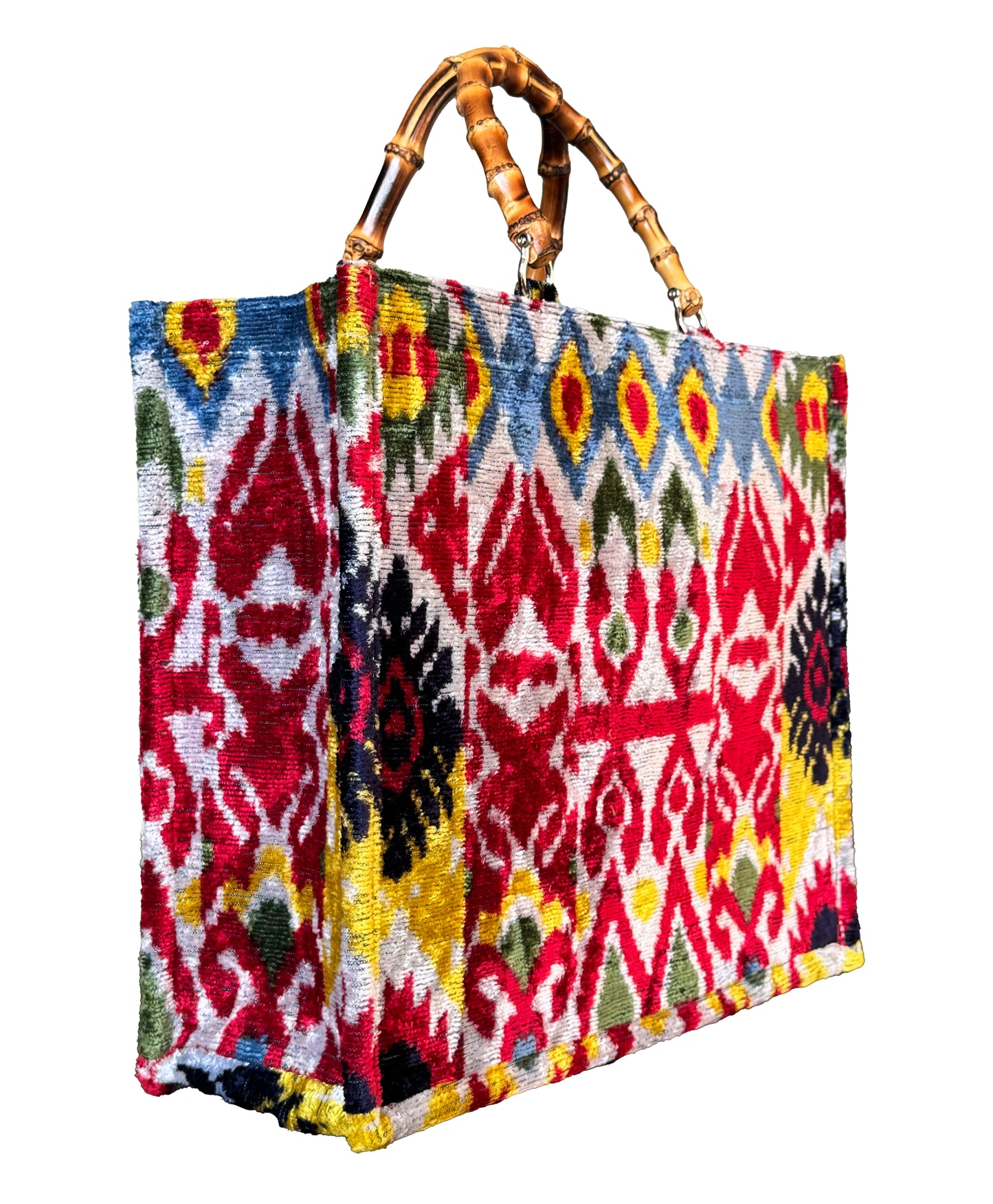 Ikat Velvet Bamboo Handle Tote Bag