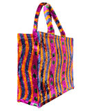 Multicolor Velvet Ikat Tote Bag with Pink, Orange Blue Waves