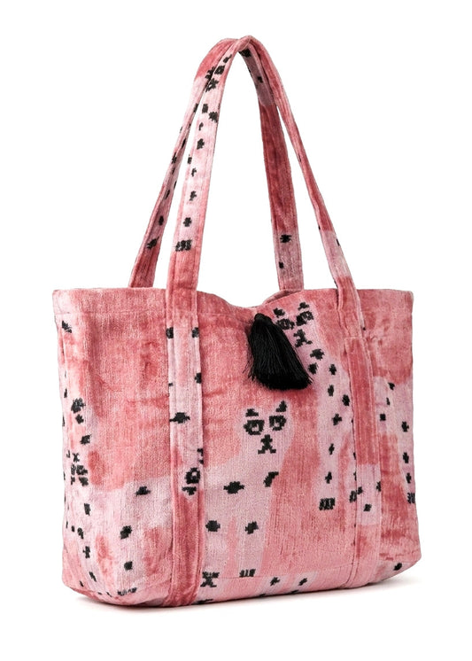 Blush pink velvet shoulder bag with cat motif design