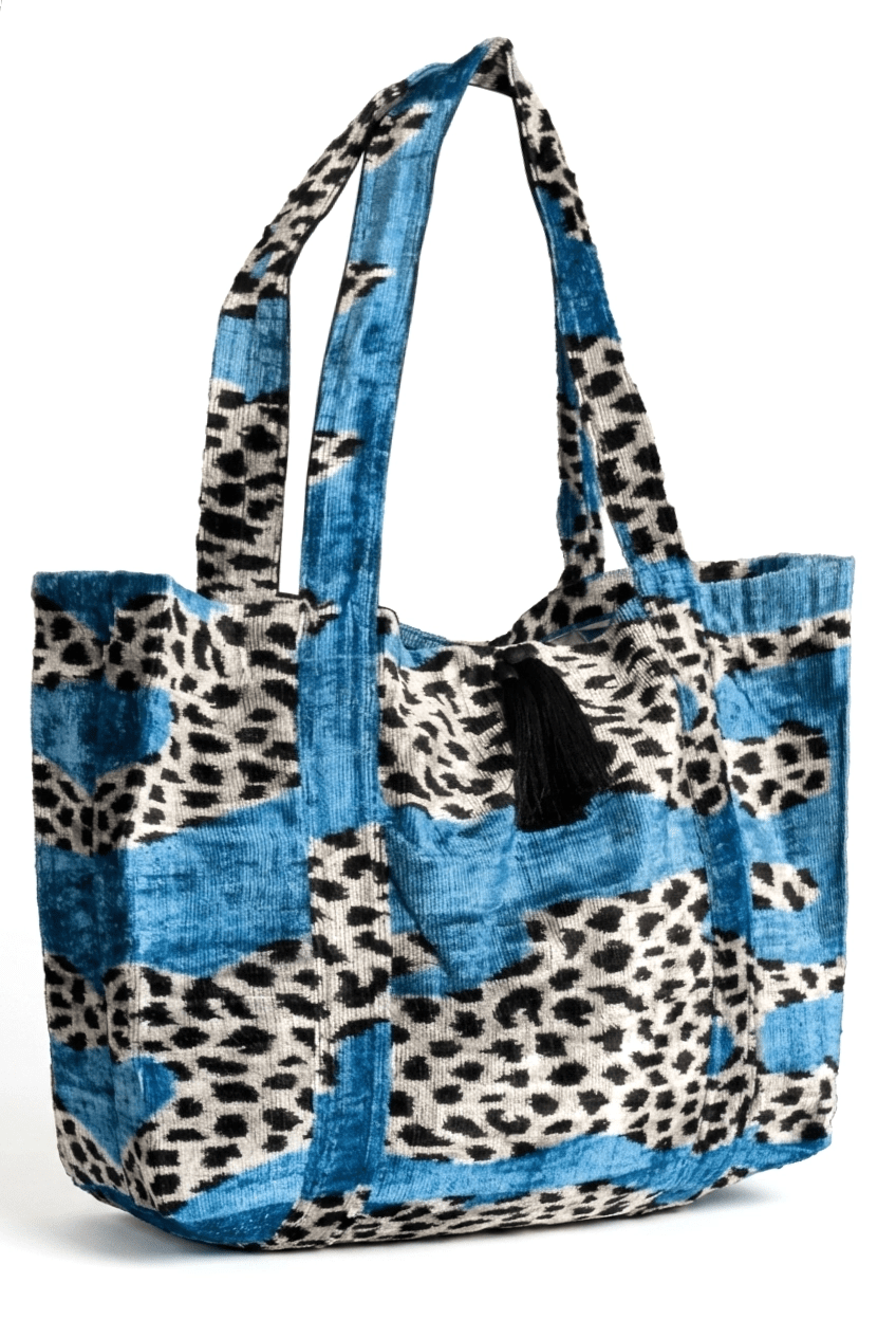Silk velvet ikat shoulder bag with blue accents