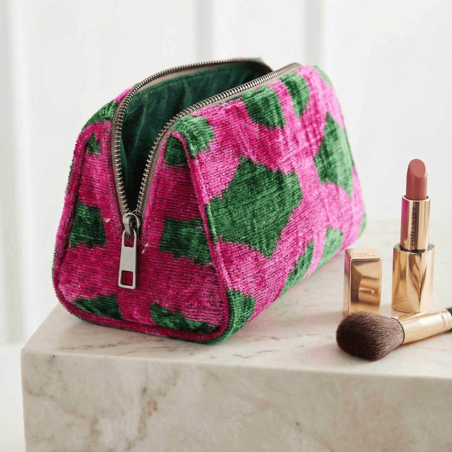Handmade pink green silk velvet ikat cosmetic makeup bag with rich texture and bold pattern