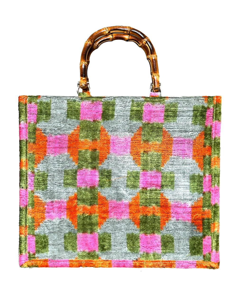 Gray Ikat Velvet Large Tote Bag with Abstract Design