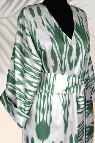 Silk Ikat Caftan Green and White Dress