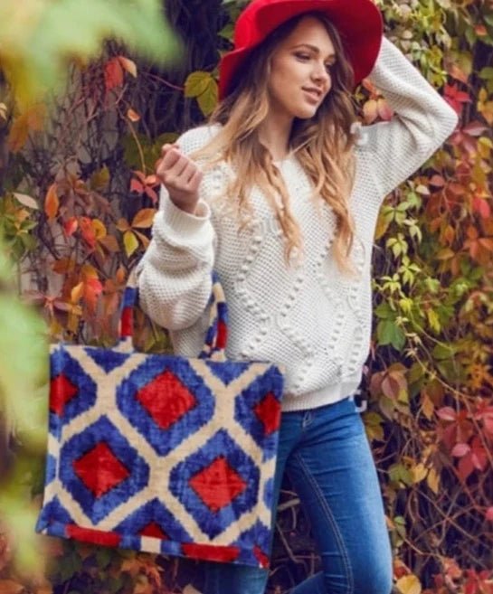 Silk velvet ikat blue and red handmade large Totebag.
