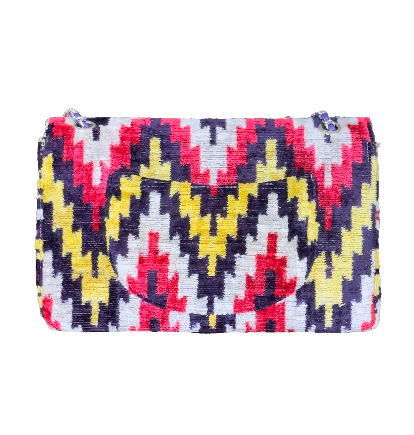 Colorful patterned pouch with a zipper on a white background