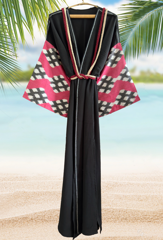 Silk ikat muslin black kimono caftan robe