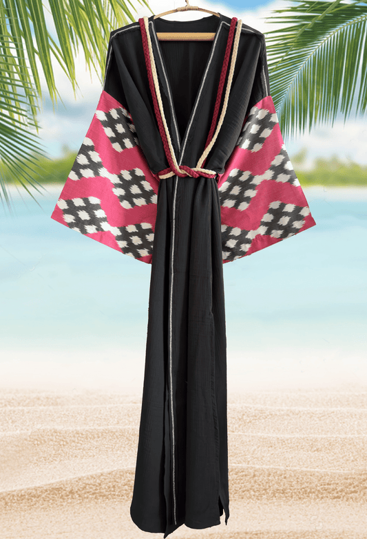 Silk ikat muslin black kimono caftan robe