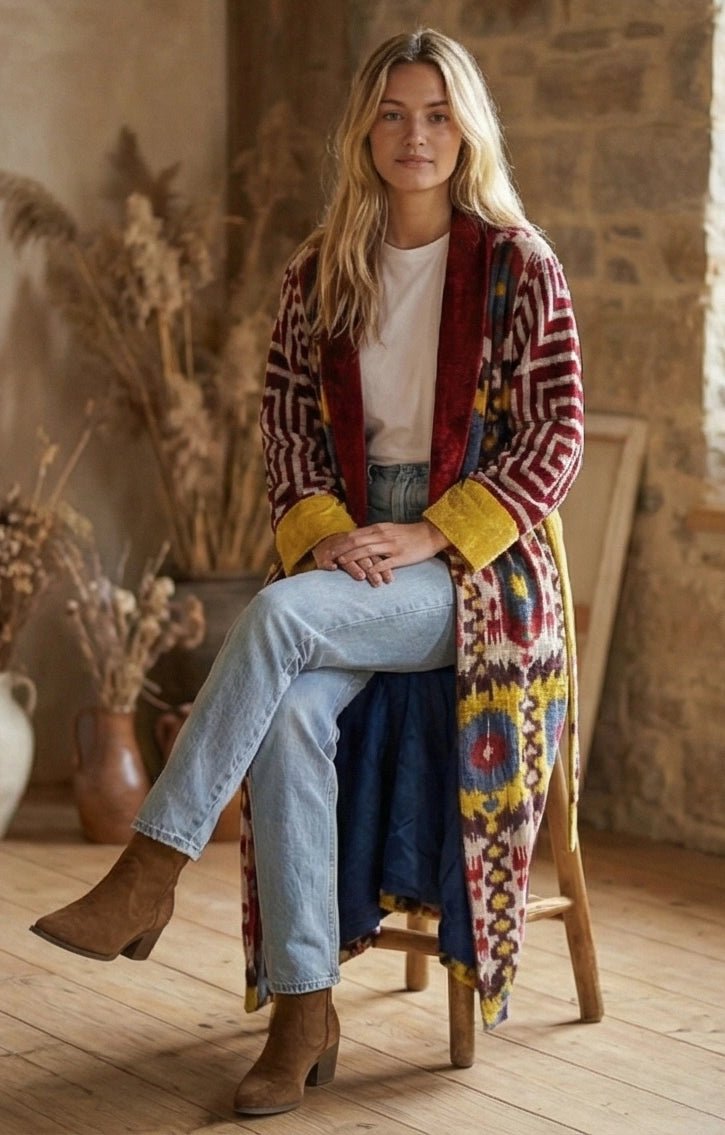 Silk Velvet Ikat Patchwork Coat - MIASETASilk Velvet Ikat Patchwork Coat