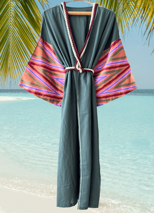 Luxury Silk Ikat Muslin Robe Green Colorful Zigzag