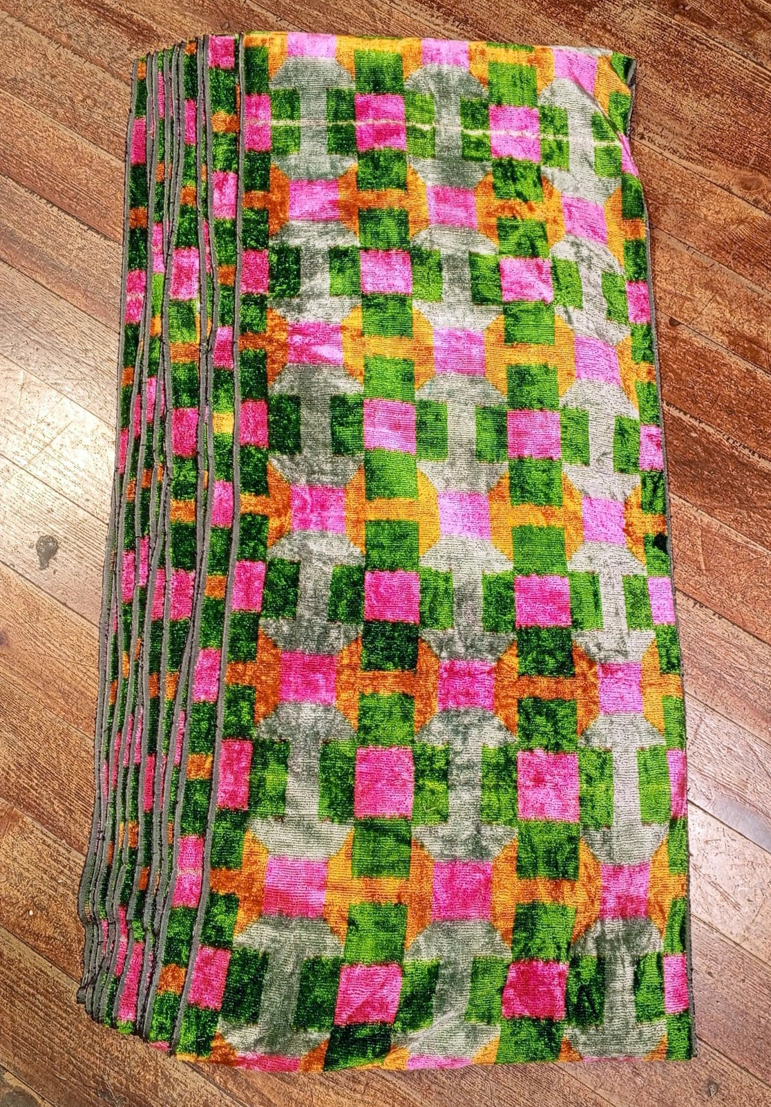 Silk Velvet Ikat Fabric Green and Pink