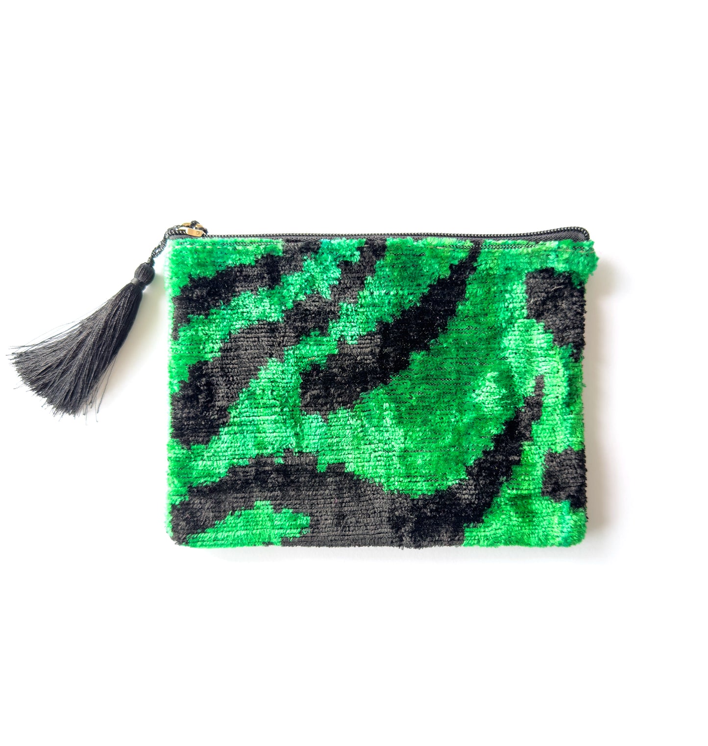 Handmade Silk Velvet Ikat Green and Black Pouch, Artisan Bag, Luxury Small Bag, Unique Textile Pouch, Sustainable Pouch
