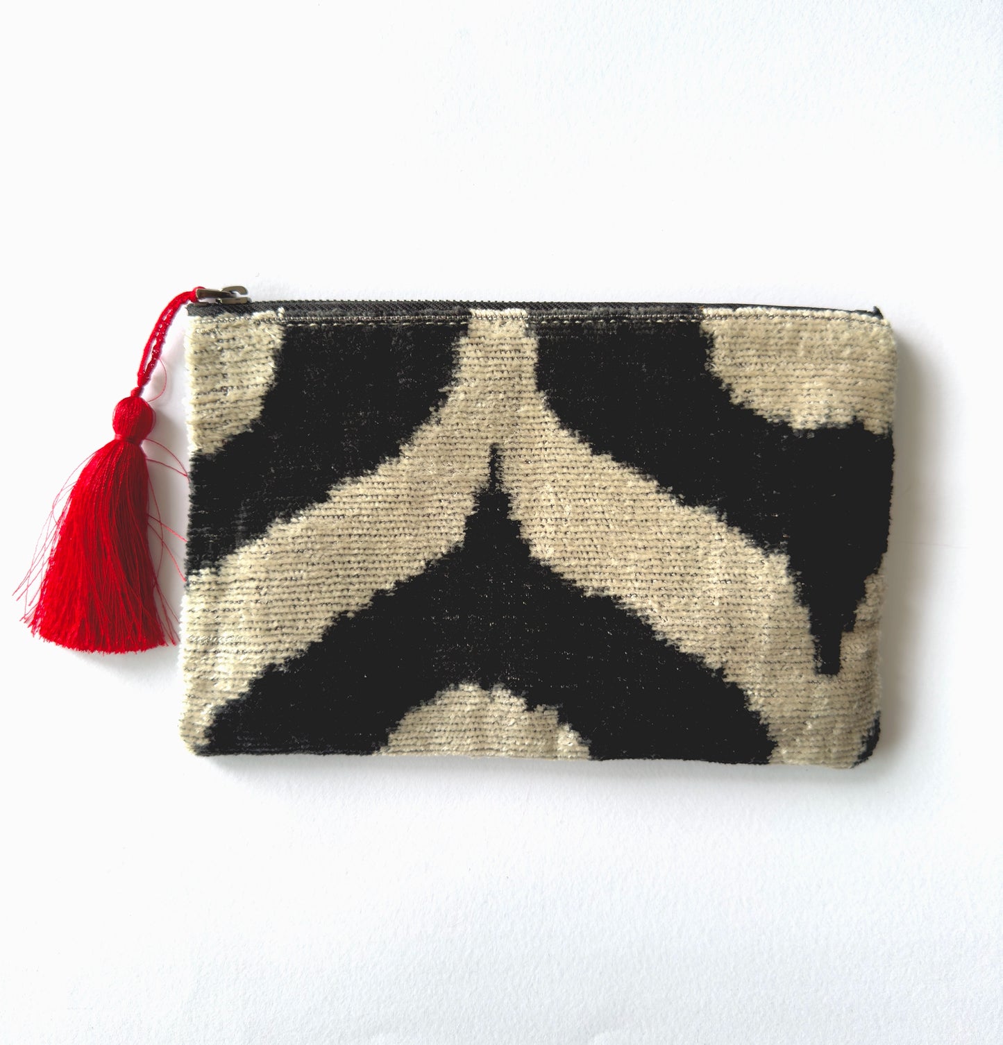 Silk velvet ikat black and white red tassel pouch