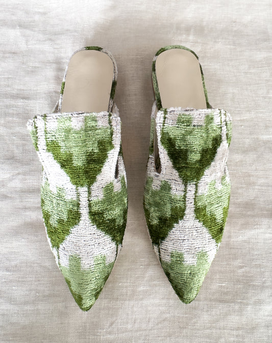 Silk Velvet Ikat Light Green Slippers | Handmade & Comfortable