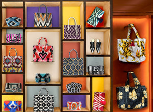 Silk velvet ikat tote bags, clutches, gondola bags, coco bags, silk velvet mules, slippers. Gift idea. Shop online. Online shop. Women accessory