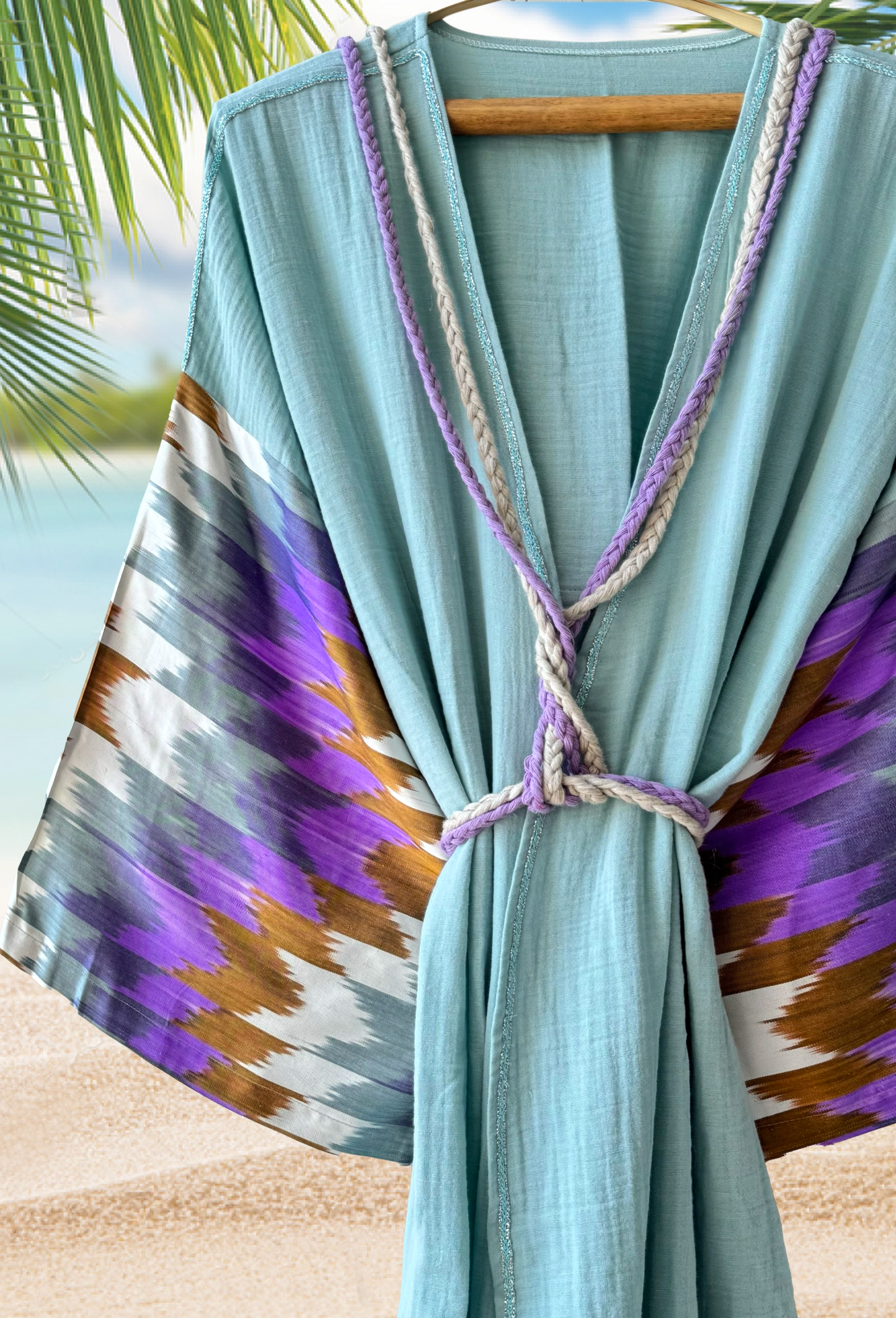 Artisan silk ikat muslin kimono in mint with traditional ikat pattern sleeves