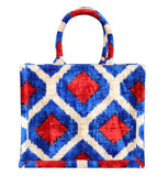 Silk velvet ikat blue and red handmade large  Totebag.