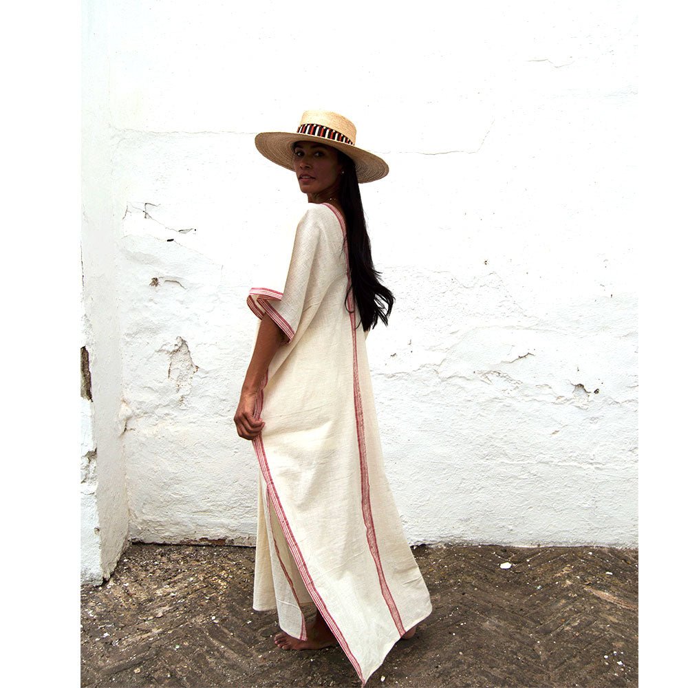 Handwoven Caftan Dress Three Burgundy Stripes