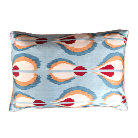 Double Sided Silk Ikat and Antique Handwoven Linen Pillow Cover in Sky Blue