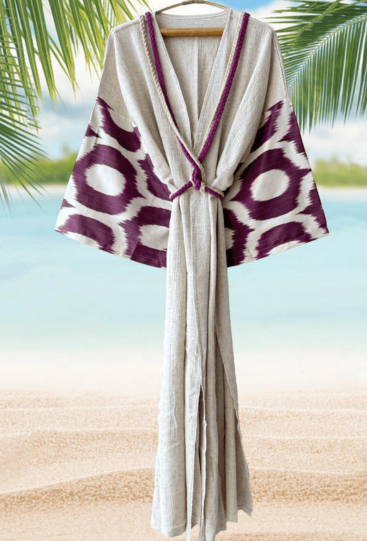 Luxury beach cover-up with plum handwoven details