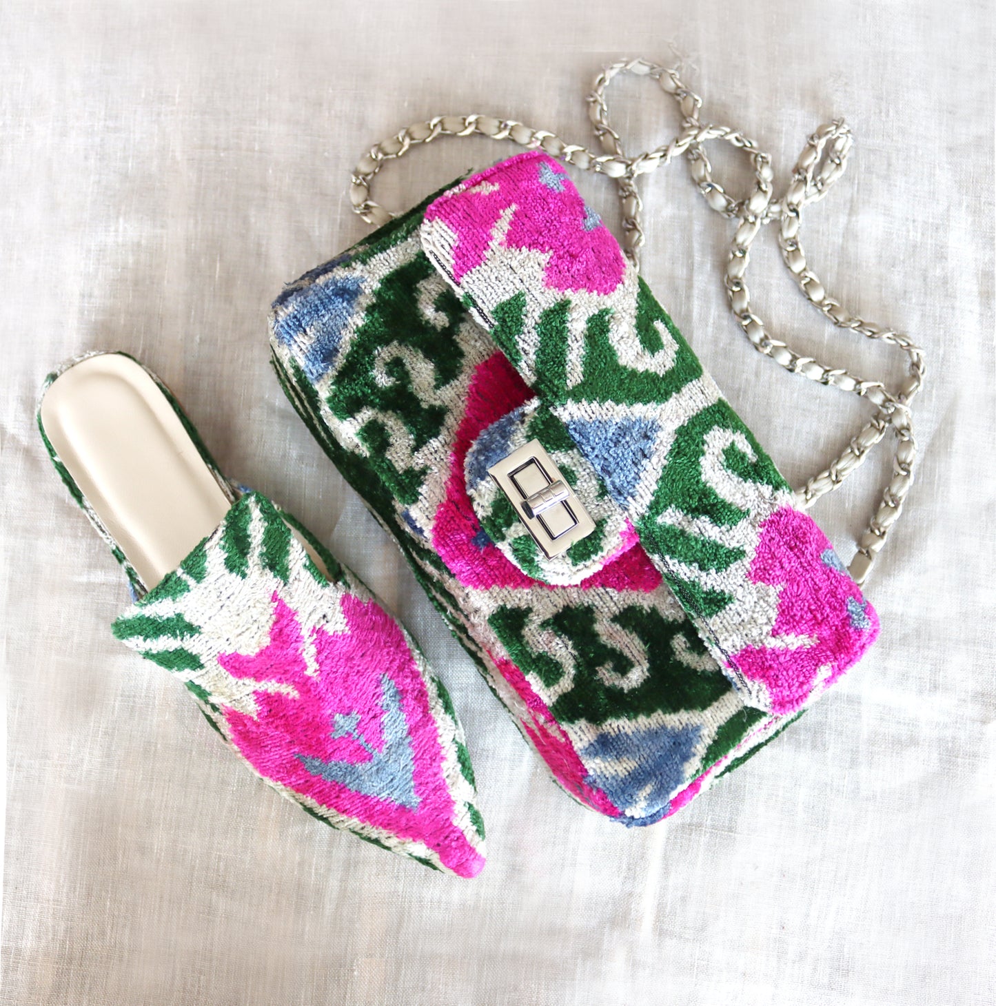 Silk velvet ikat handmade sharp pointed toes slippers