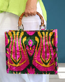 Silk velvet ikat handmade medium tote bag.